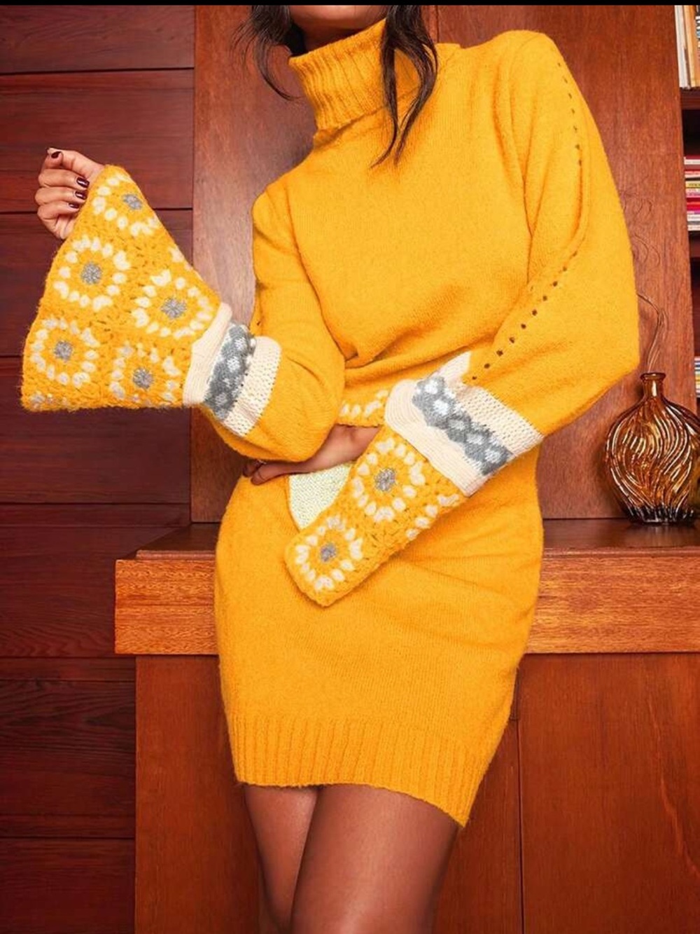 Yellow Orange Knit Bell-Sleeve Sweater Dress with Floral Cuff Sz 14 nwt